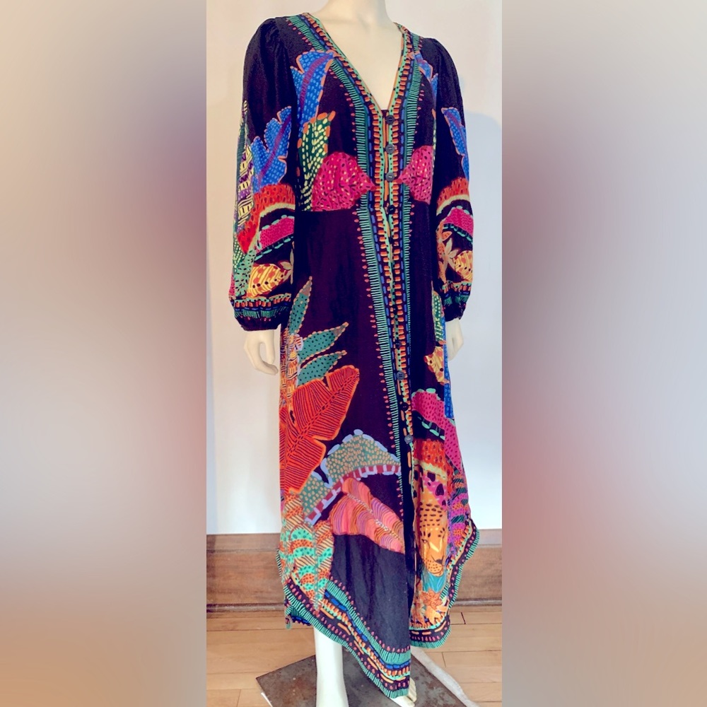 NWT Farm Rio Women’s Black Cool Leopards Button Down Linen Maxi Dress-Medium